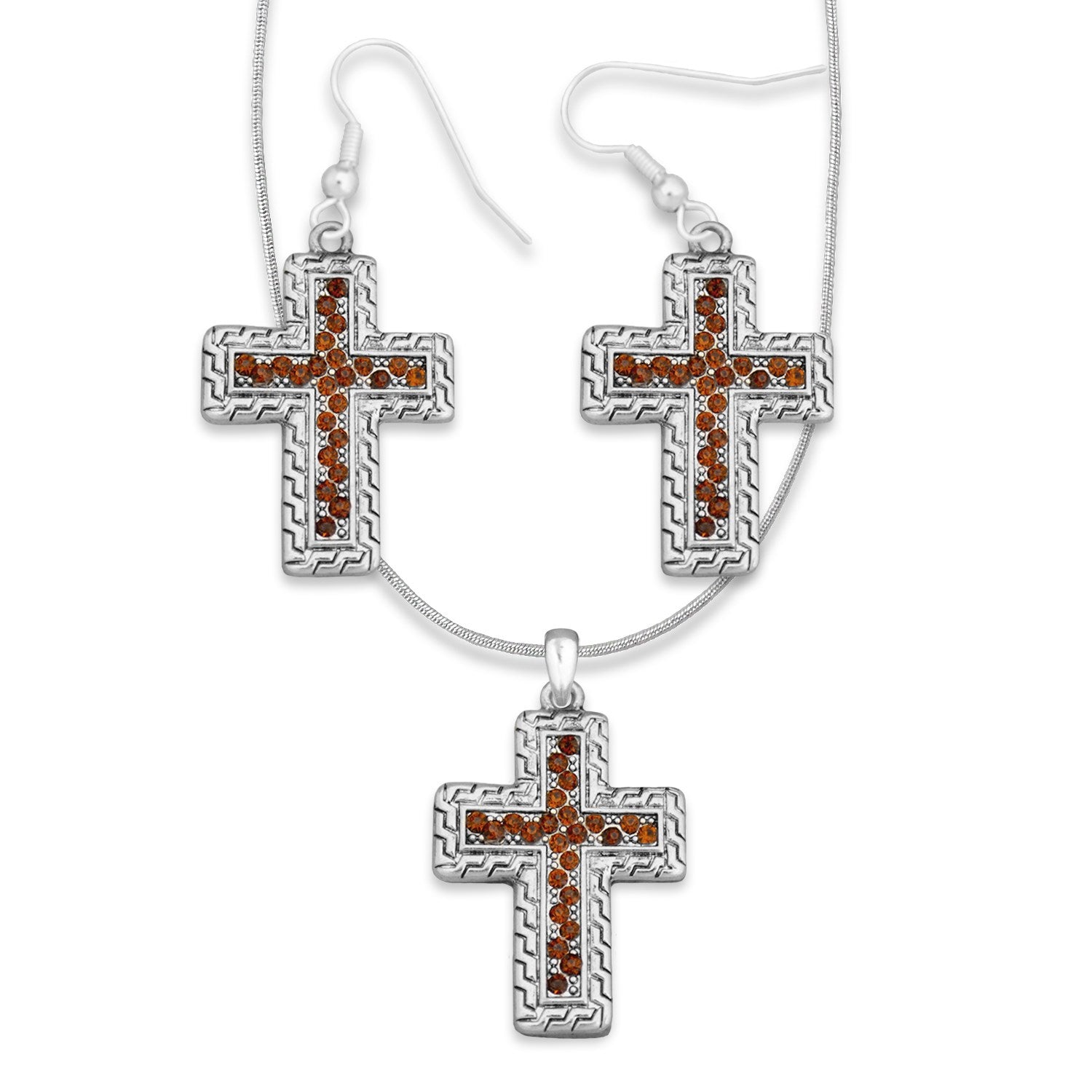 Necklace &amp; Earring Set-Staggered Stone Cross/Brown (18&quot; Chain w/3&quot; EXT)