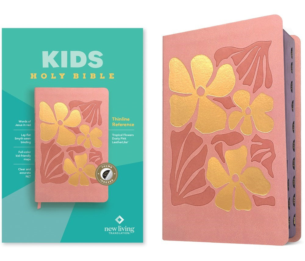 NLT Kids Holy Bible  Thinline Reference Edition-Dusty Pink Tropical Flowers LeatherLike Indexed