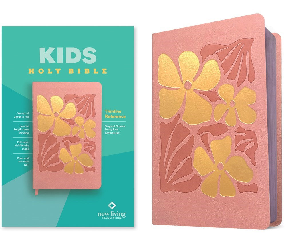 NLT Kids Holy Bible  Thinline Reference Edition-Dusty Pink Tropical Flowers LeatherLike