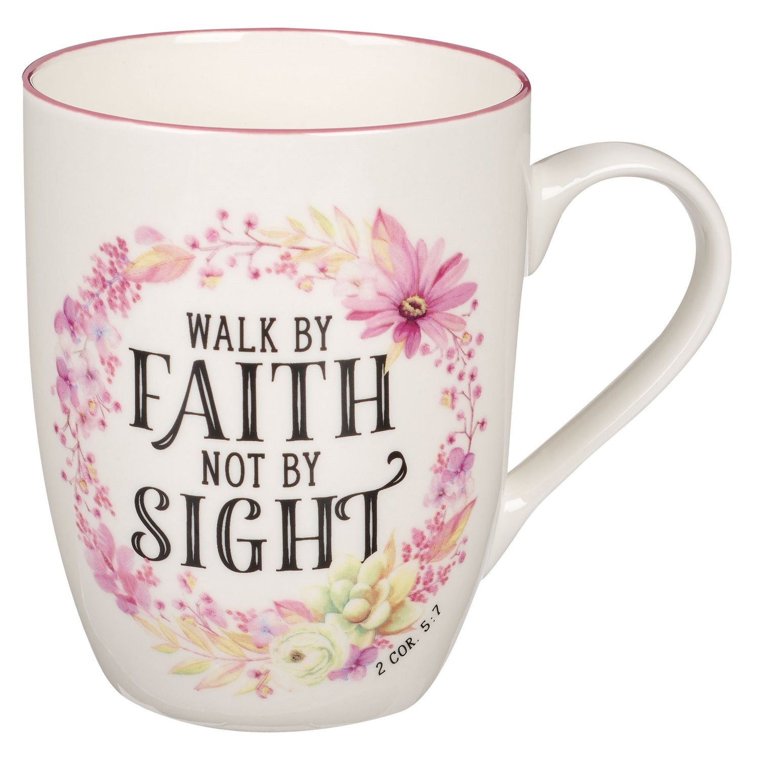 Mug-Budget-Pink Wreath-Walk By Faith-2 Cor. 5:7